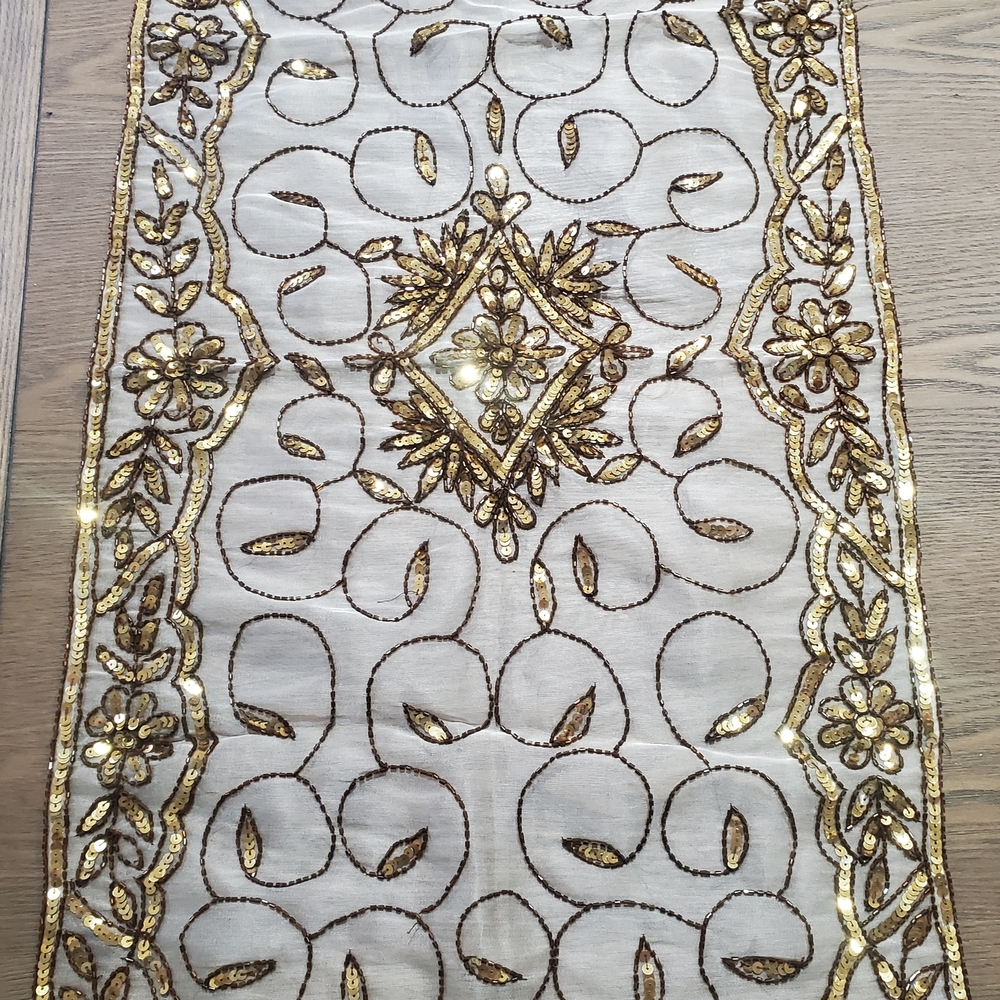 Gold Embroidered Fabric Decorative, Runner, China cabinet, Tree Skirt, beautiful